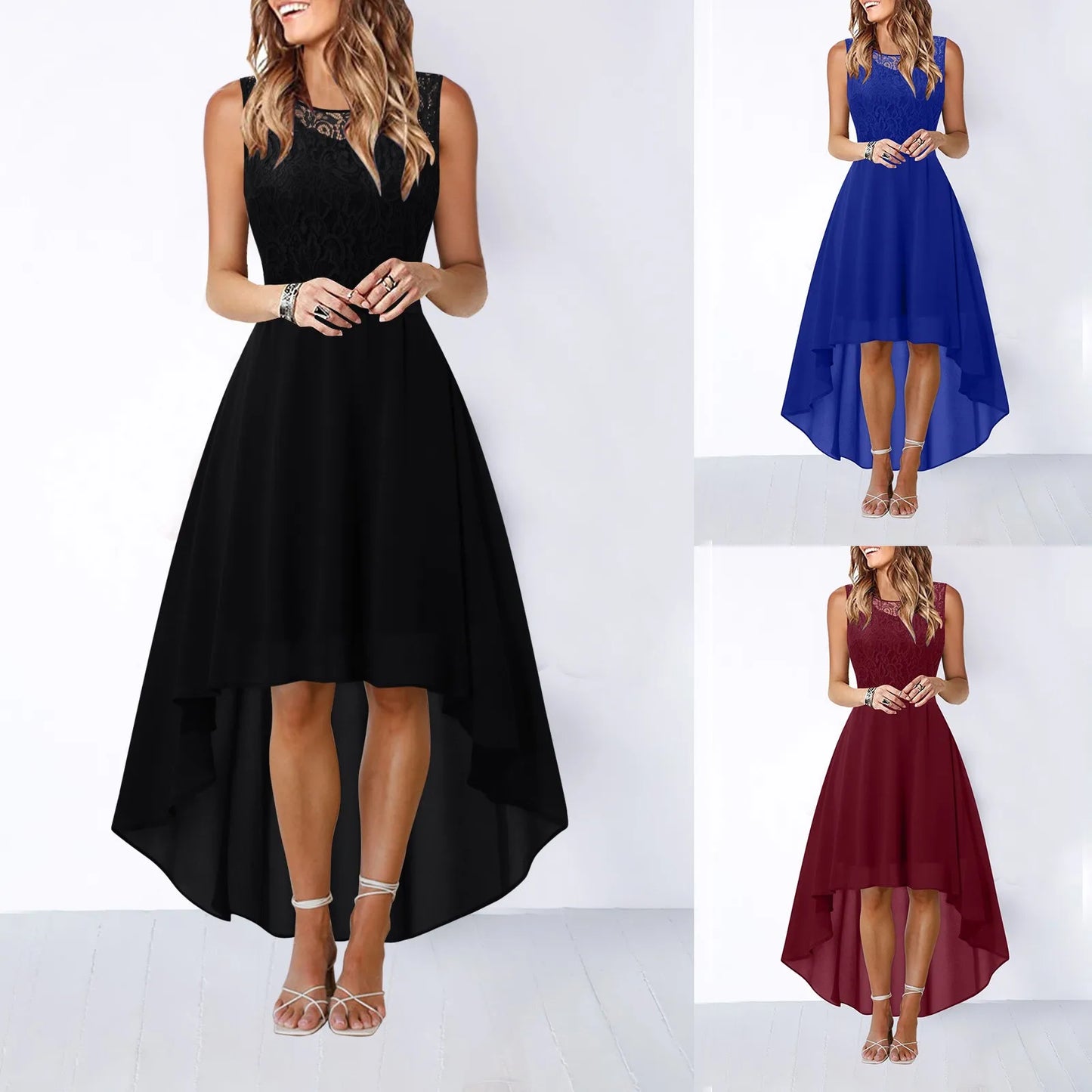 New Elegant Lace Evening Party Dress Women Sleeveless Lace Chiffon Irregular Dress Ladies Vintage Big Swing Maxi Dress Vestidos