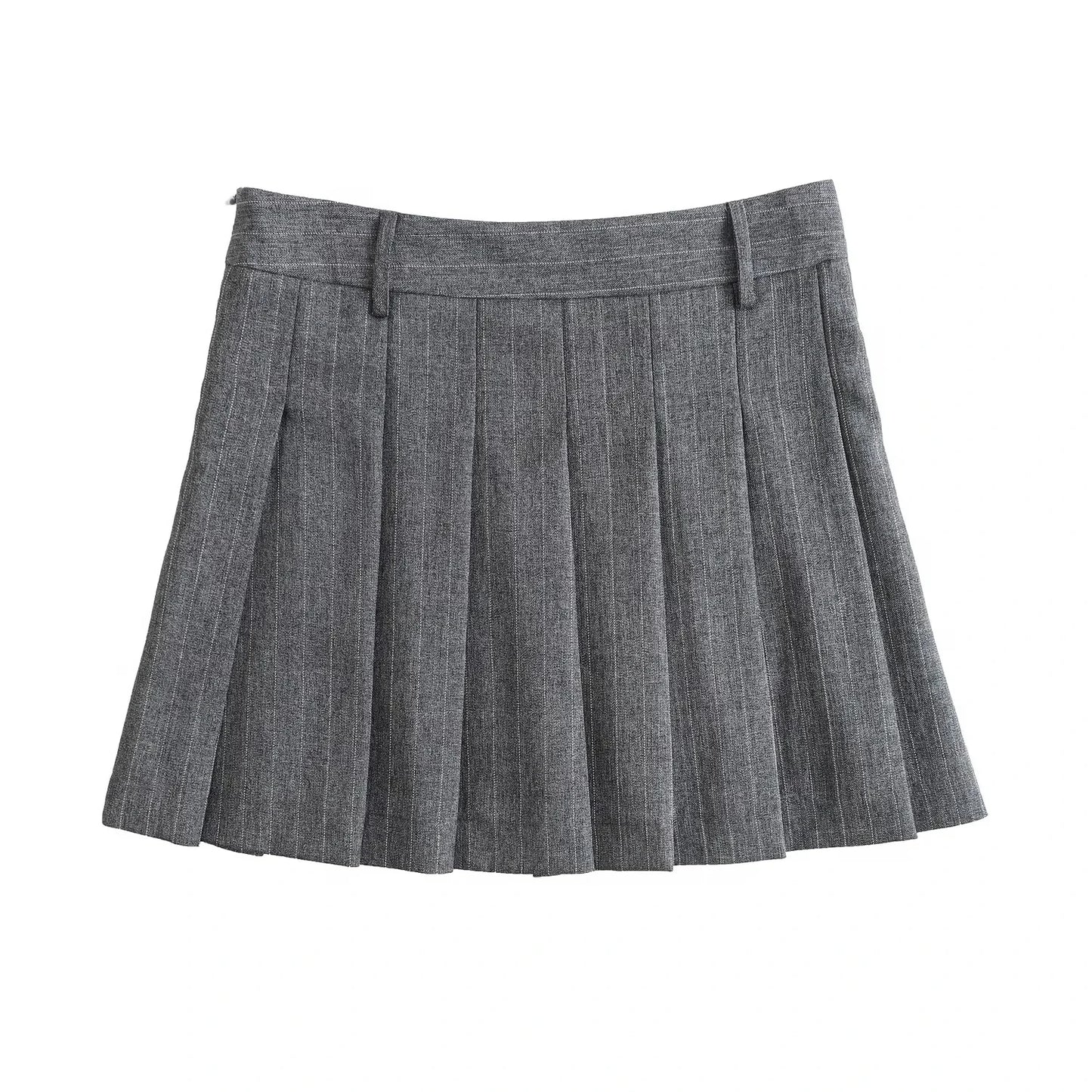 TRAF 2024 Spring Women Fashion Grey 2 Piece Sets Woman Pinstripes Pockets Slim Blazer Coat + Zipper Versatile Female Mini Skirts