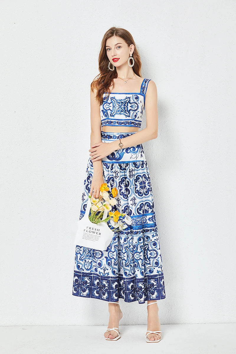 JAMERARY Summer Runway Blue And White Porcelain Two Piece Set Women Flower Print Short Crop Top + Holiday Beach Maxi Skirt Suits