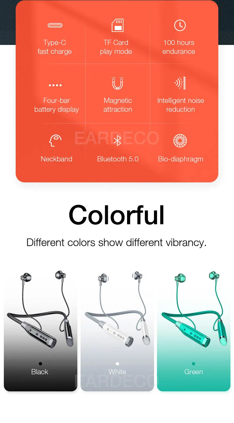 EARDECO 100 Hours Endurance Wireless Headphones Bass Bluetooth Headphone Inear Neckband Earphones Sport Headset with Mic Stereo