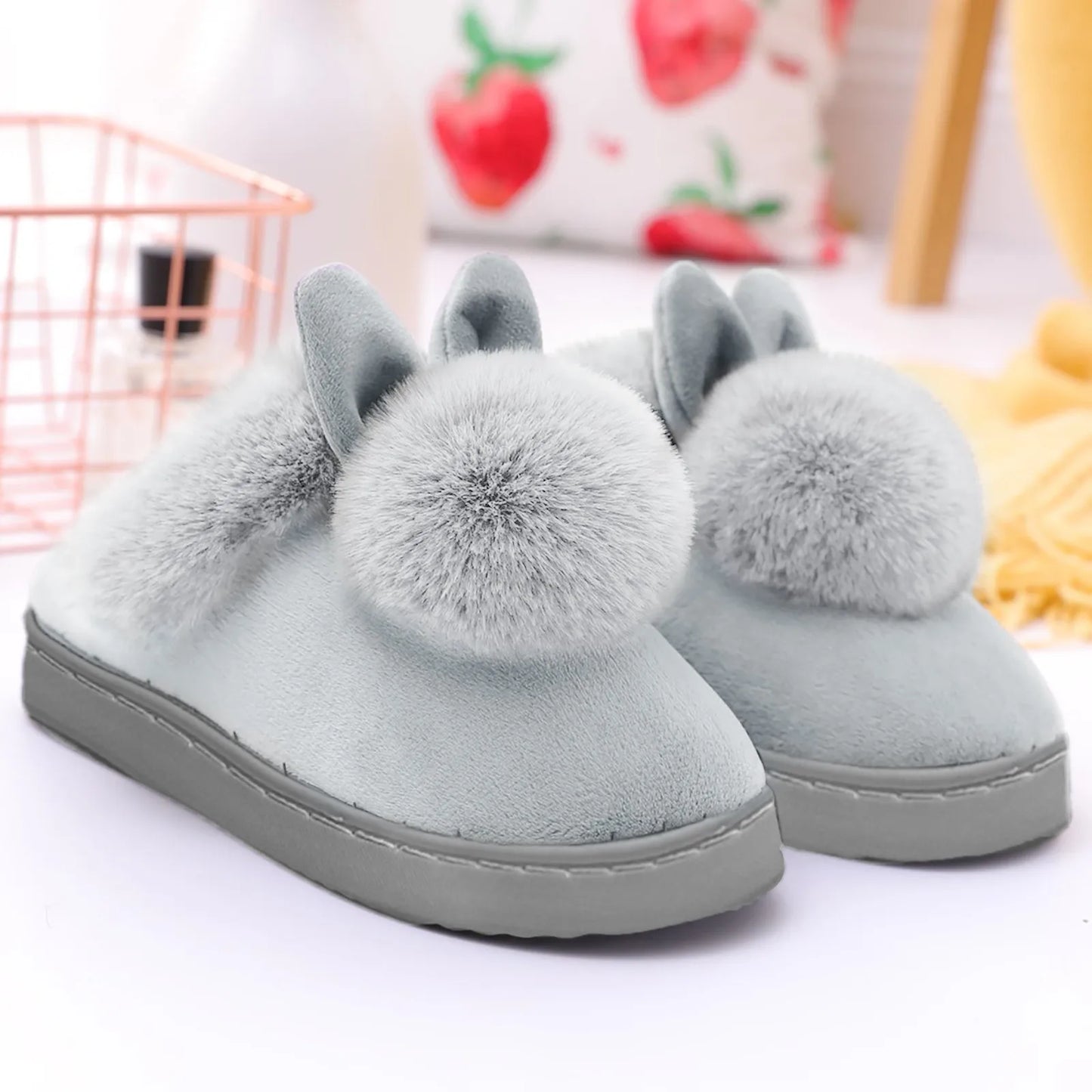 Winter Warm Home Fur Slippers Womens Indoor Home Rabbit Shoe Furry Ears Footwear Indoor Bedroom Flat Heels Fluffy Slippers Shoes