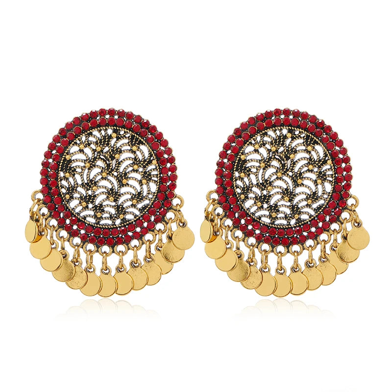 Exaggerated retro round earrings with Bohemian hollow pieces, tassels, and Indian style earrings