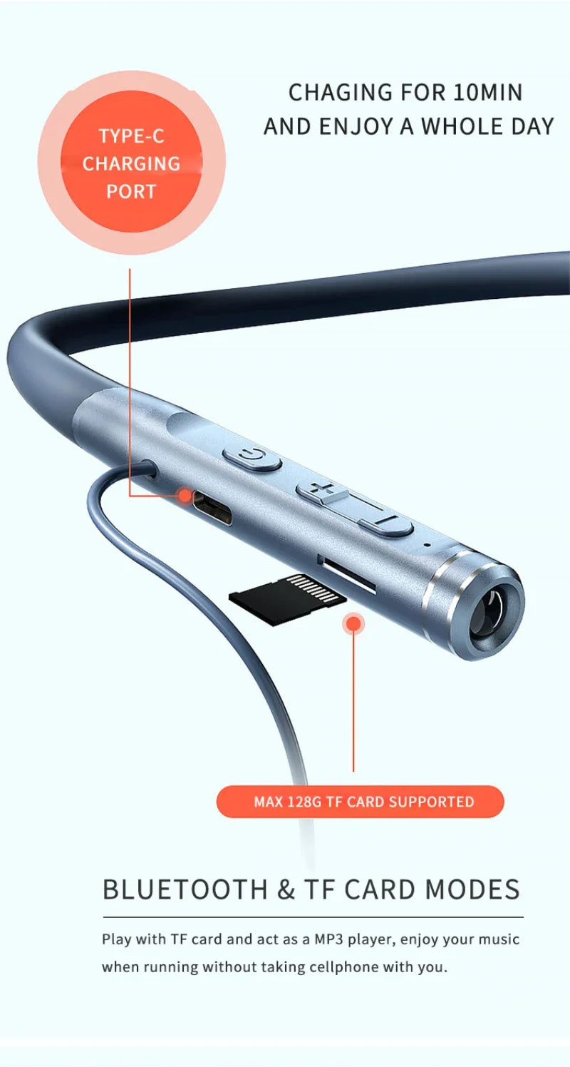 EARDECO 120 Hour Bluetooth Headphone Stereo Bass Wireless Headphones Neckband Earphones Power Flashlight Display Neck Headset