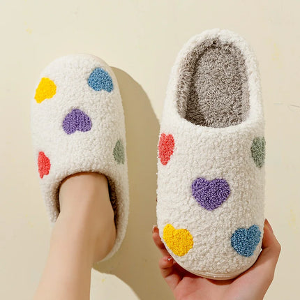 Cute Color Heart Women Slippers Valentine's Day Embroidery Fuzzy Romantic Love Comfy Flat Girl Friend Gift Winter Home Shoes