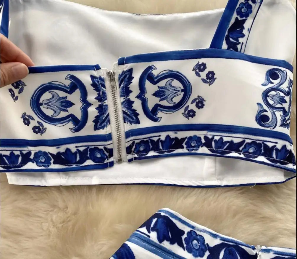 JAMERARY Summer Runway Blue And White Porcelain Two Piece Set Women Flower Print Short Crop Top + Holiday Beach Maxi Skirt Suits