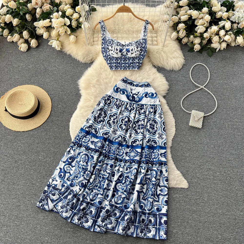 JAMERARY Summer Runway Blue And White Porcelain Two Piece Set Women Flower Print Short Crop Top + Holiday Beach Maxi Skirt Suits