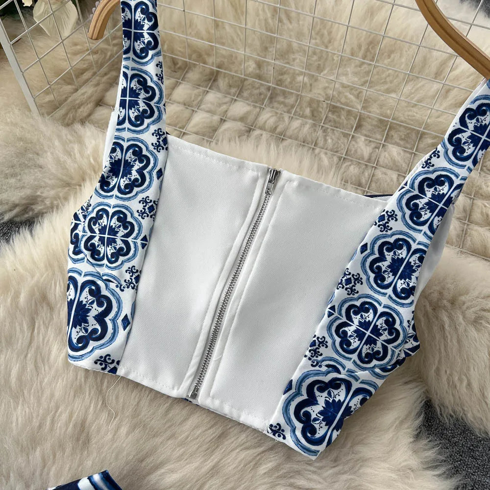 JAMERARY Summer Runway Blue And White Porcelain Two Piece Set Women Flower Print Short Crop Top + Holiday Beach Maxi Skirt Suits