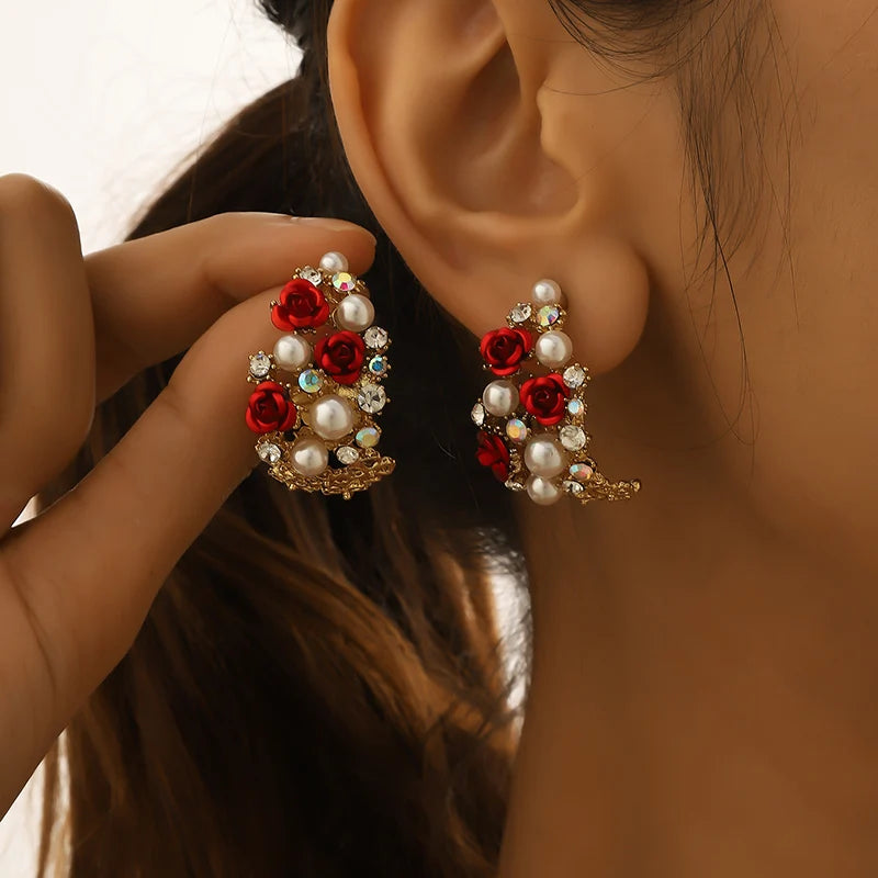Korean Earrings, high-end hollowed out C-shaped half ring earrings, French pearl shell roses