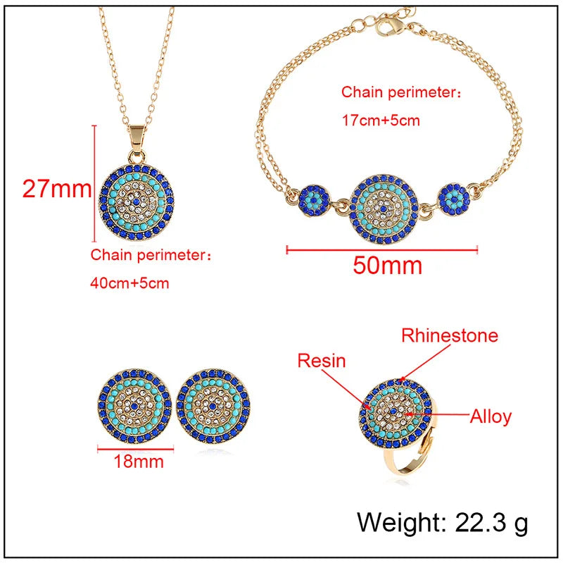 5PCS Devil's Eye Four Piece Set Cross border Source Jewelry Devil's Eye Necklace Earrings Four Piece Set Round Türkiye Blue Eye
