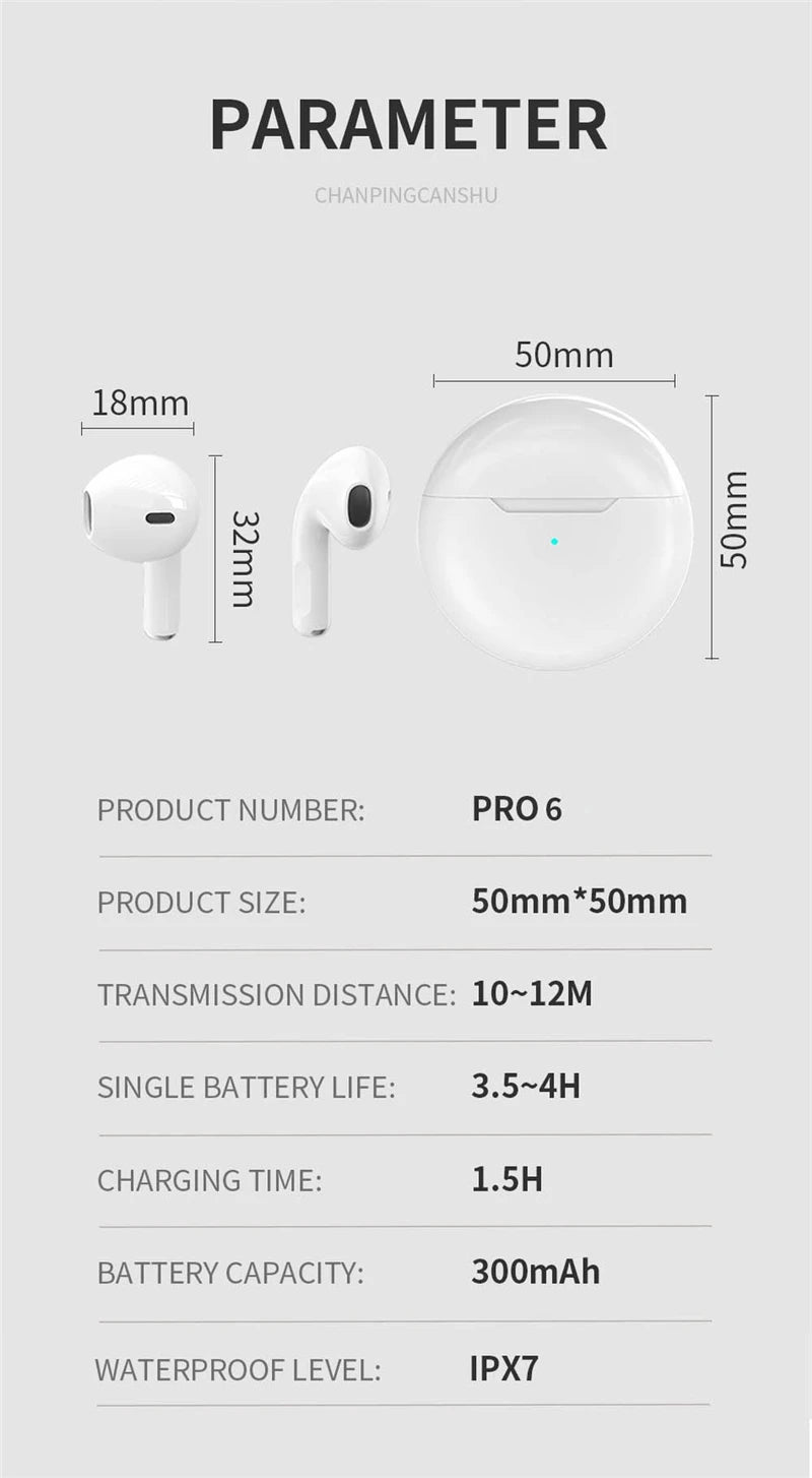 Original Air Pro 6 TWS Wireless Headphones Fone Bluetooth Earphones Mic Pods InEar Earpods Pro6 sport Headset For Xiaomi