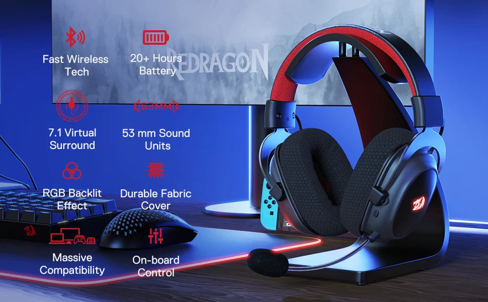 Redragon H510 PRO Zeus-X RGB Wireless USB Gaming Headset - 7.1 Surround Sound 53MM Audio Drivers Memory Foam Ear Pads Headphone