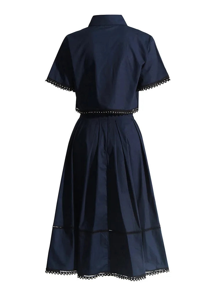 TWOTWINSTYLE Casual Two Piece Set For Women Lapel Short Sleeve Top High Waist A Line Skirt Minimalist Sets Female Fashion New