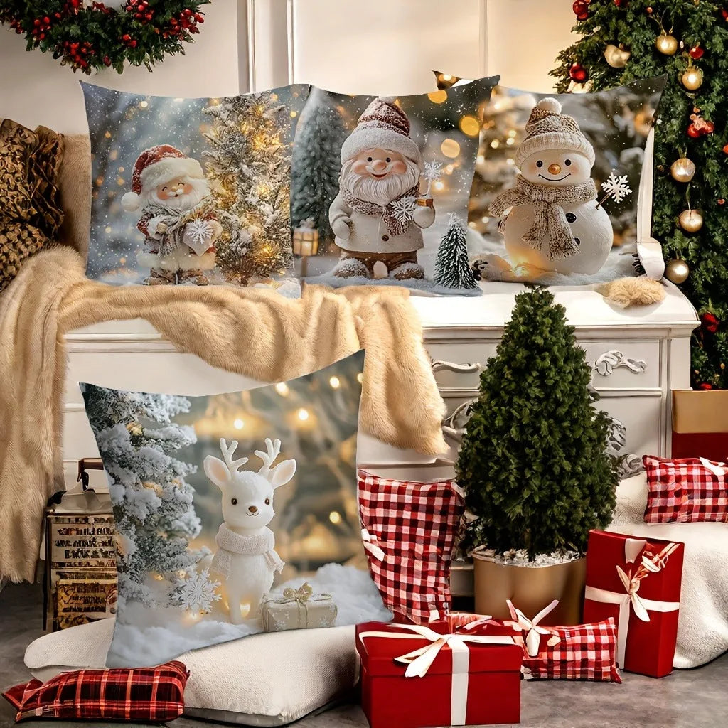 New Christmas Art Cute Christmas Tree Santa Snowman Deer Pattern Pillowcase Home Decoration Pillowcase