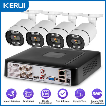 KERUI 4CH 5MP Surveillance Security Camera System CCTV Kit 6 IN 1 Video Audio Recorder Face Detection XVI AHD TVI CVI VBS IP