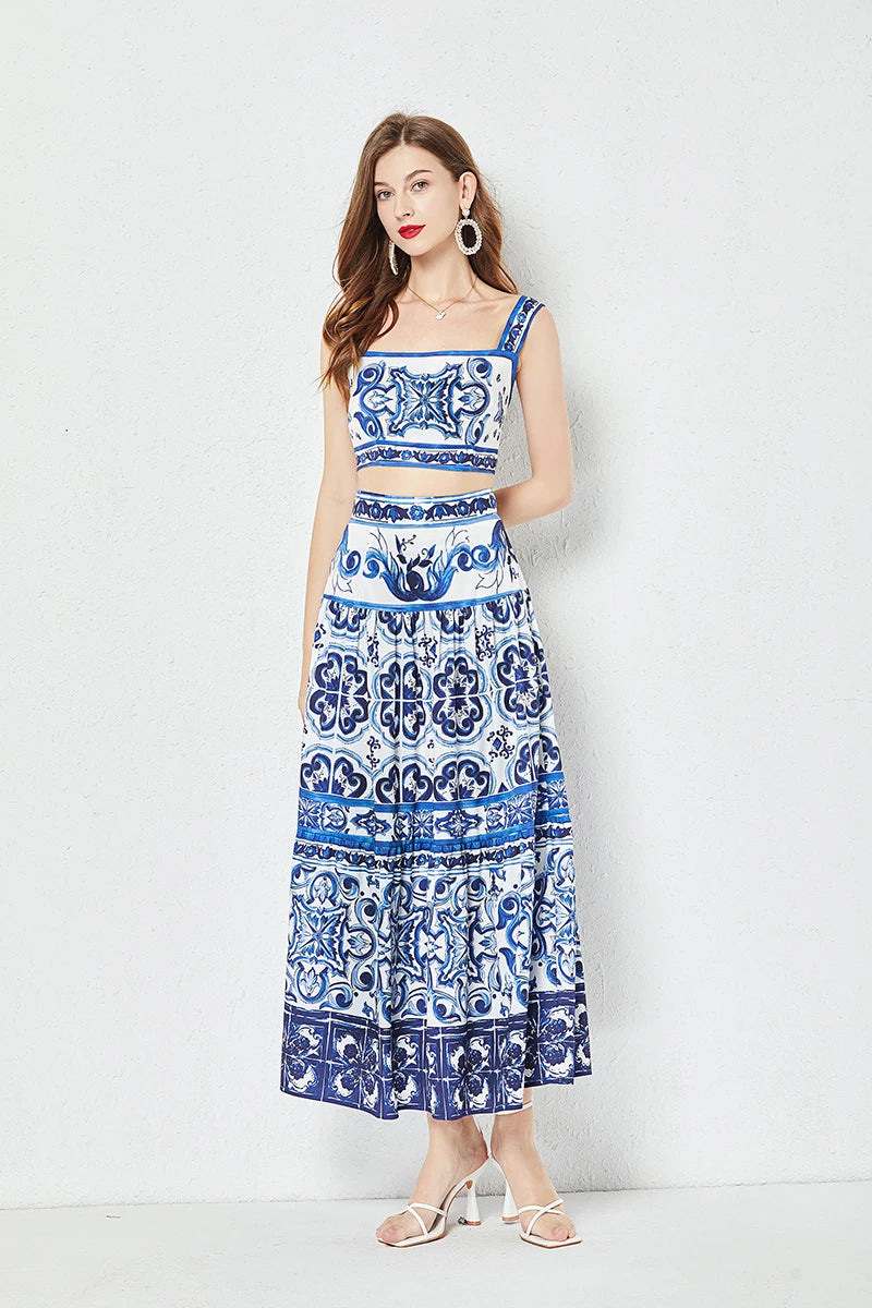 JAMERARY Summer Runway Blue And White Porcelain Two Piece Set Women Flower Print Short Crop Top + Holiday Beach Maxi Skirt Suits