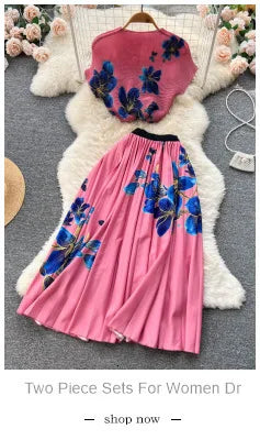 JAMERARY Summer Runway Blue And White Porcelain Two Piece Set Women Flower Print Short Crop Top + Holiday Beach Maxi Skirt Suits