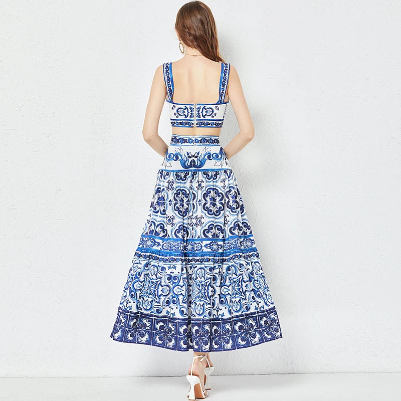 JAMERARY Summer Runway Blue And White Porcelain Two Piece Set Women Flower Print Short Crop Top + Holiday Beach Maxi Skirt Suits