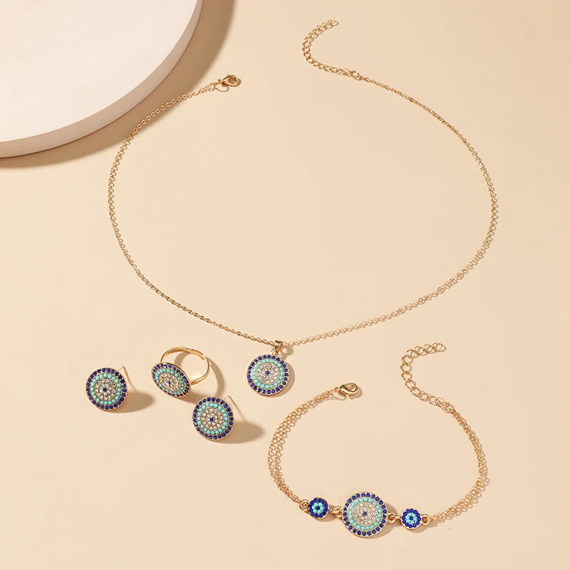 5PCS Devil's Eye Four Piece Set Cross border Source Jewelry Devil's Eye Necklace Earrings Four Piece Set Round Türkiye Blue Eye