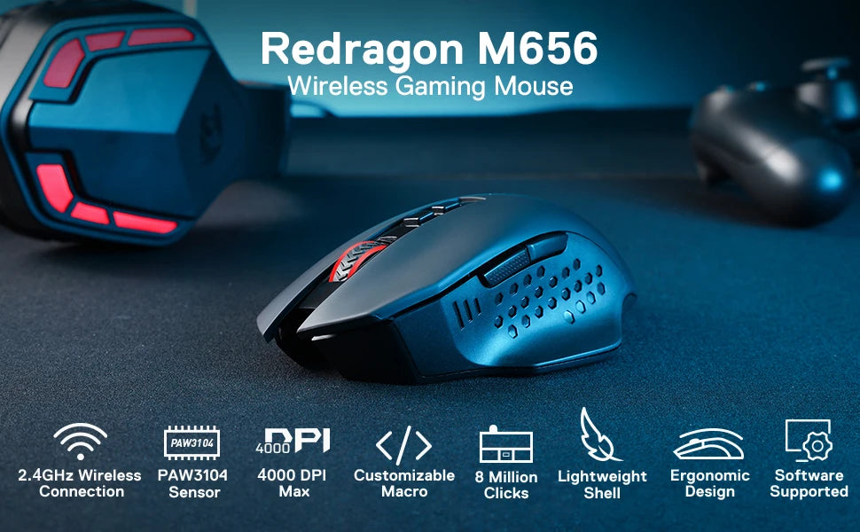 Redragon M656 Gainer Wireless Gaming Mouse, 4000 DPI 2.4Ghz Wireless Gamer Mouse w/ 5 DPI Levels, 7 Macro Buttons, Red LED Backl