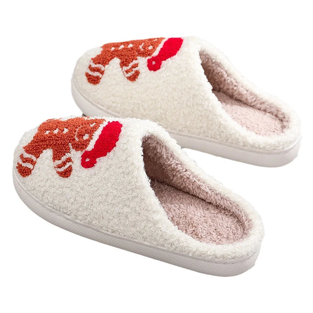 Christmas Slippers Female Home Fluffy Flip flops Winter Women Girls Indoor Cute Deer Gingerbread Man Warm House Plush Shoes