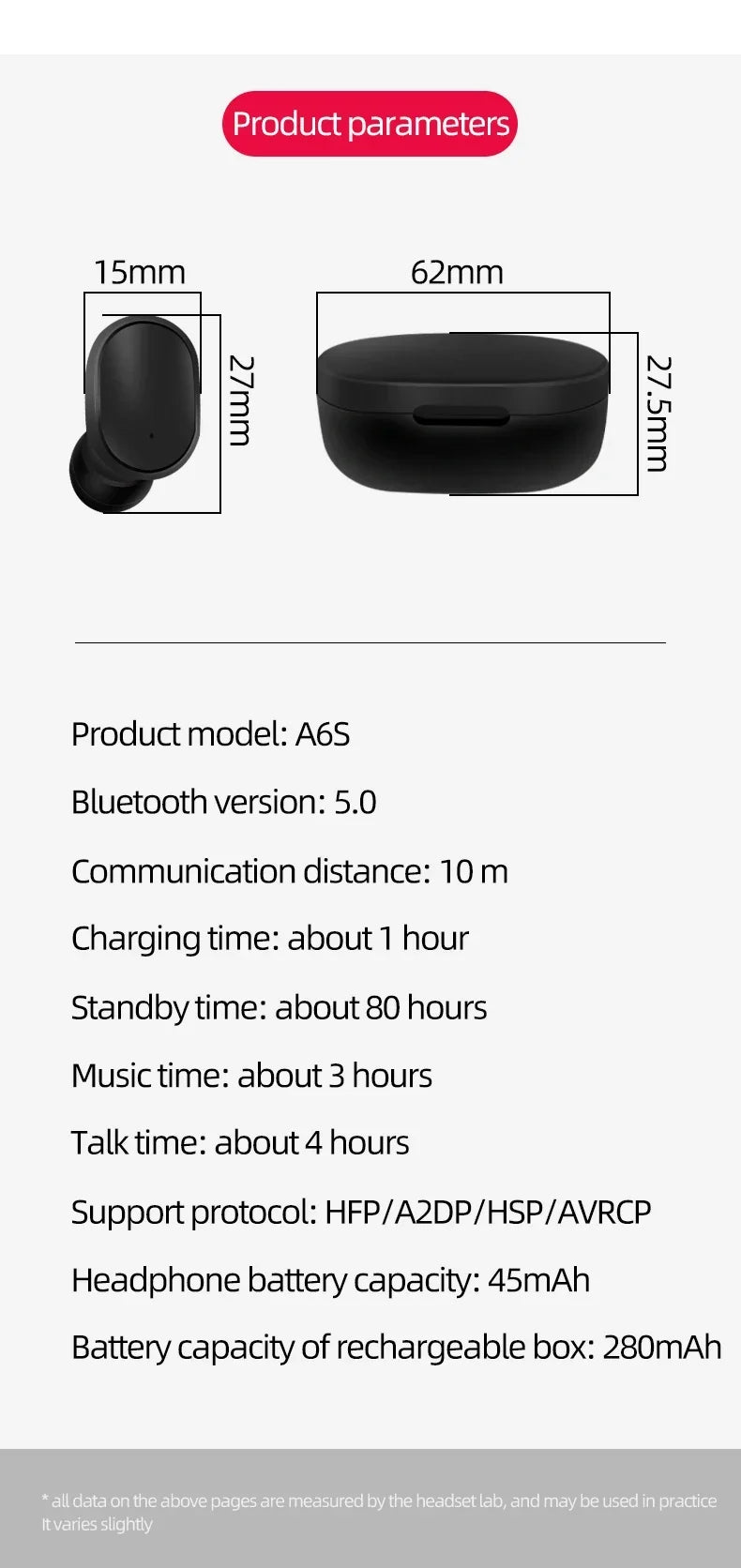 A6S TWS Bluetooth Wireless Headphones Wireless Earbuds 5.0 TWS Earphone Noise Cancelling Mic for Xiaomi iPhone Huawei Samsung
