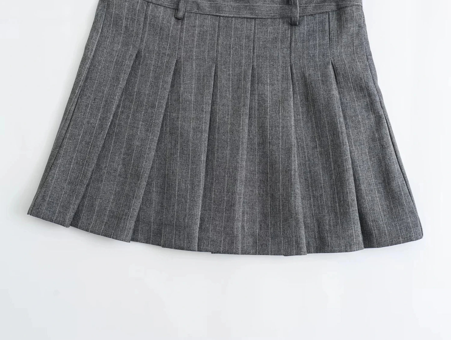 TRAF 2024 Spring Women Fashion Grey 2 Piece Sets Woman Pinstripes Pockets Slim Blazer Coat + Zipper Versatile Female Mini Skirts