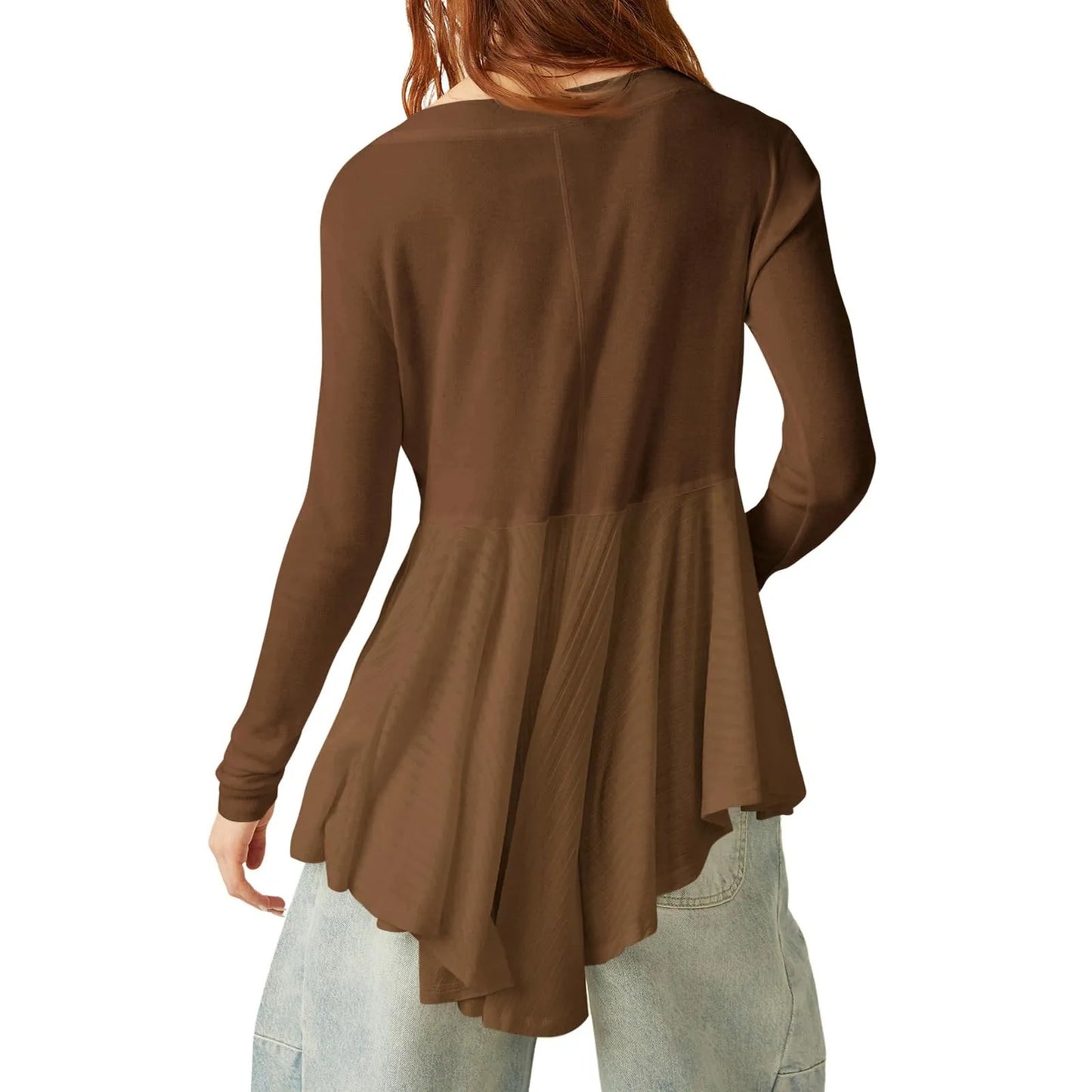 Ladies' New Trendy High Street Long Sleeve Pullover V-neck A-line Top Solid Color Sexy Irregular Hem Casual Comfy Pleated Skirt