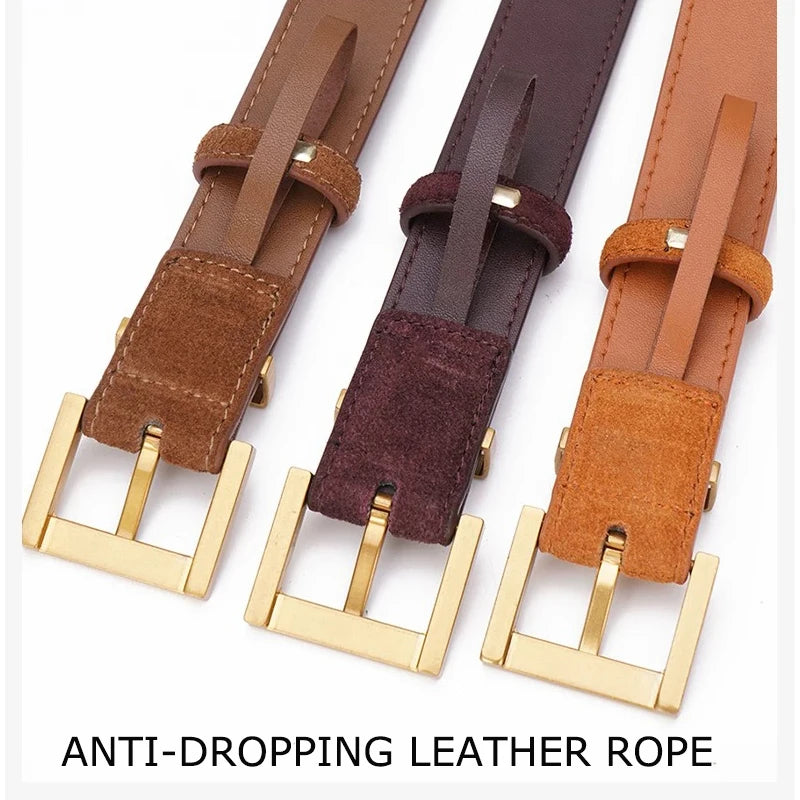 Luxury Genuine Leather Women Belt for Jeans and Dress Vintage Suede Cowhide Waistband Golden Square Buckle Ladies Trendy Belts