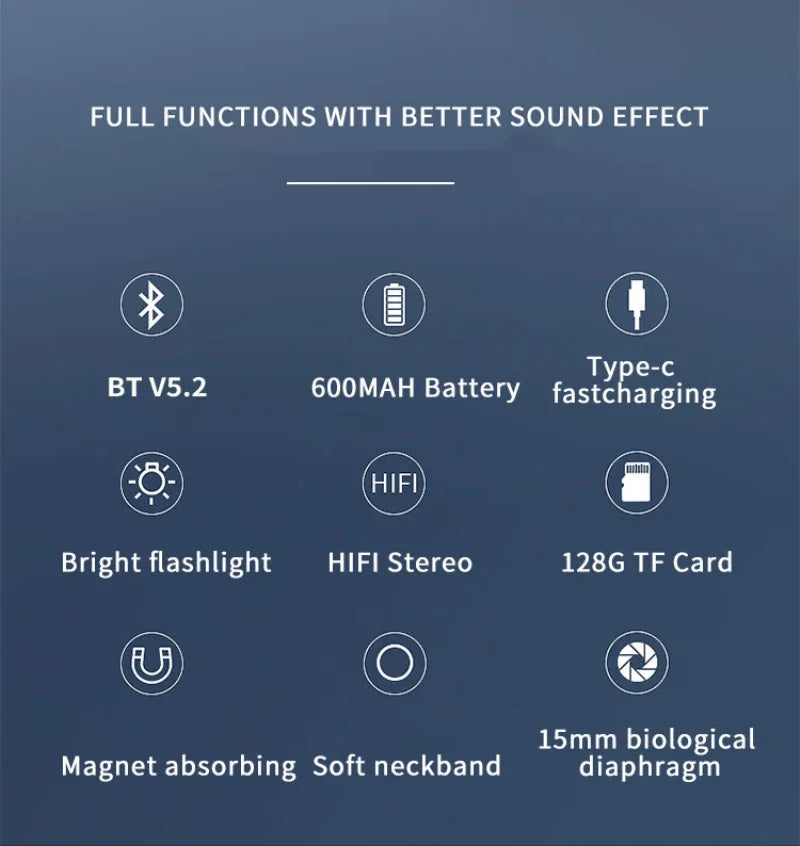 EARDECO 120 Hour Bluetooth Headphone Stereo Bass Wireless Headphones Neckband Earphones Power Flashlight Display Neck Headset