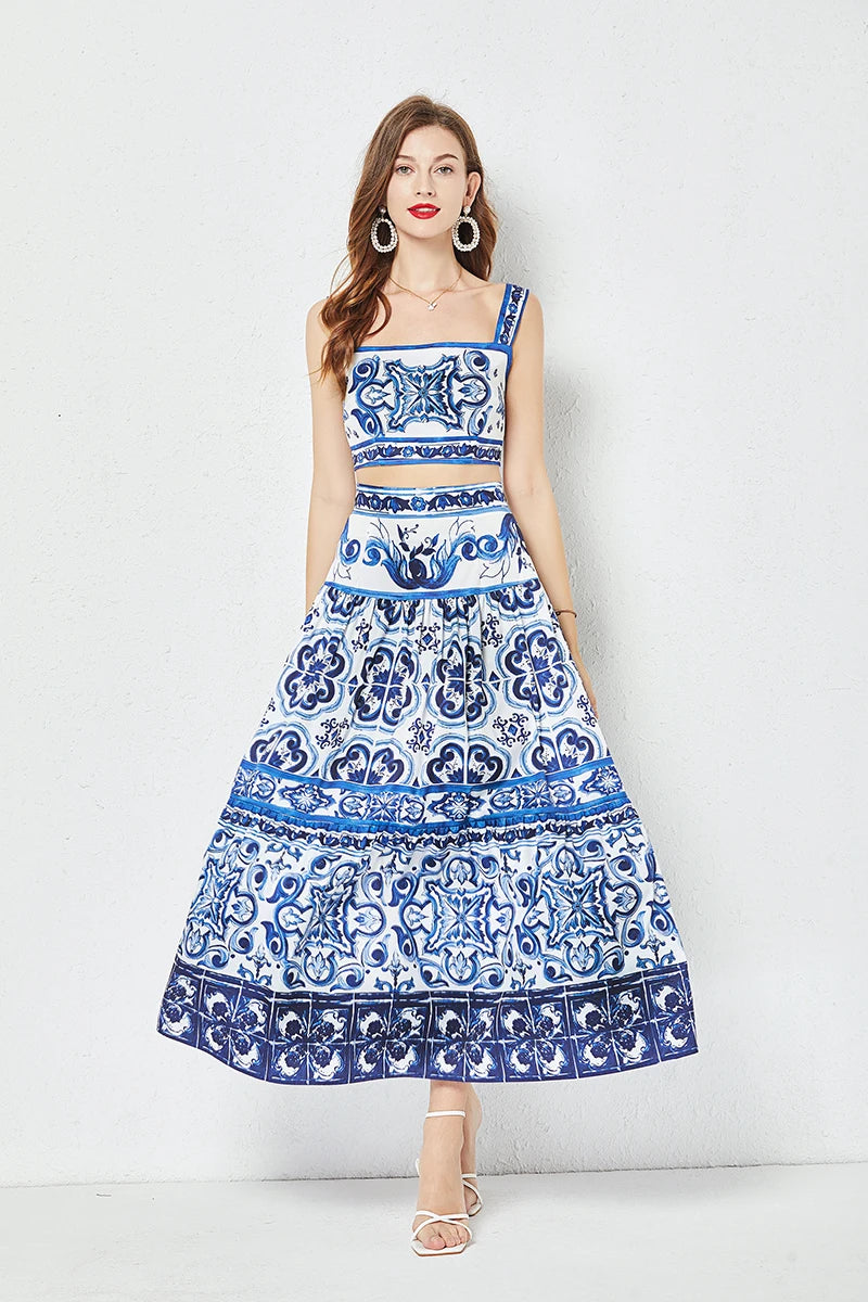 JAMERARY Summer Runway Blue And White Porcelain Two Piece Set Women Flower Print Short Crop Top + Holiday Beach Maxi Skirt Suits