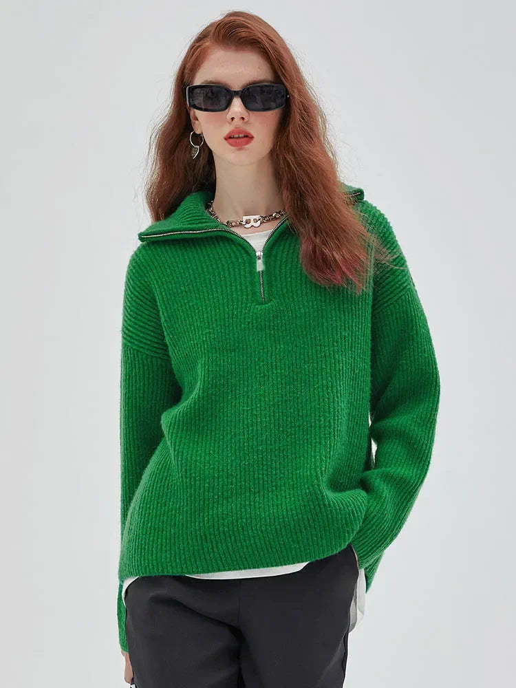 Women's Winter Sweaters Solid Grey Ladies Turtleneck Casual Loose Thick Zippers Pullovers Beautiful Oversized Sweater Women
