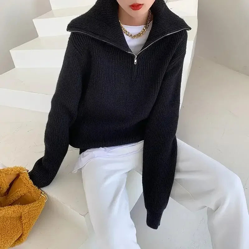 Women's Winter Sweaters Solid Grey Ladies Turtleneck Casual Loose Thick Zippers Pullovers Beautiful Oversized Sweater Women