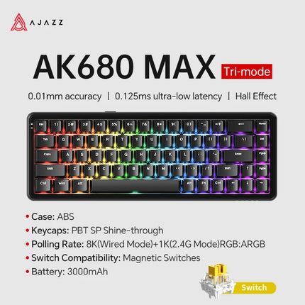 AJAZZ AK680 MAX Magnetic Switch Mechanical Keyboard 60% Rapid Trigger 0.01mm 8K/1K Return 68 keys Wired/Wireless Gaming Keybaord