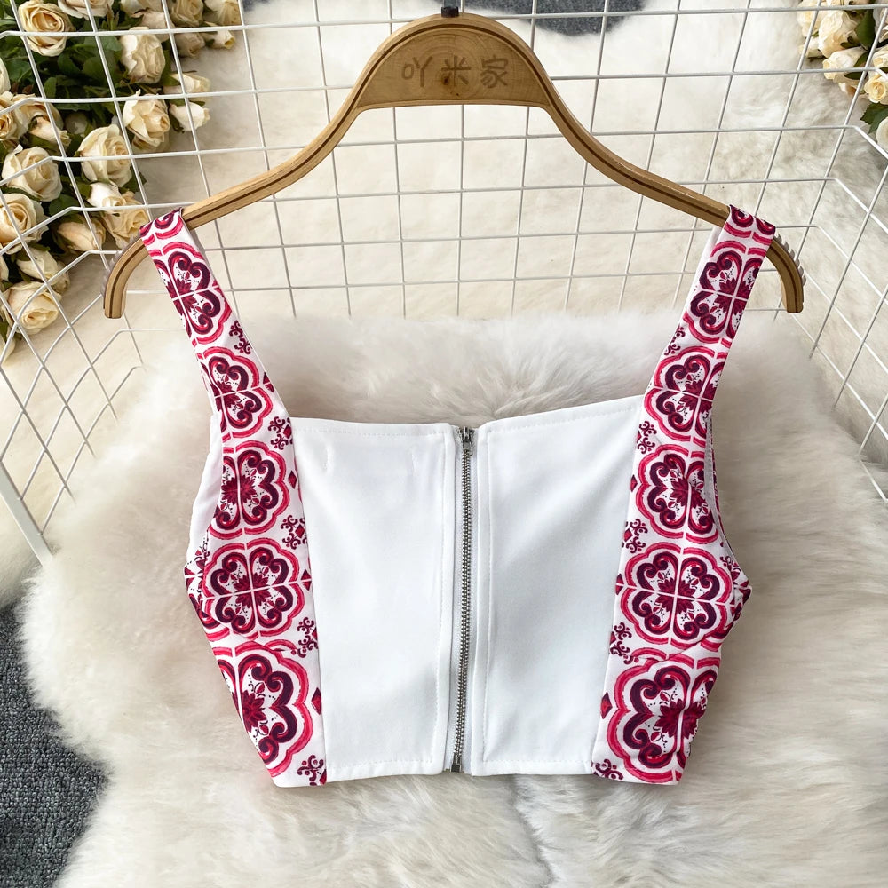 JAMERARY Summer Runway Blue And White Porcelain Two Piece Set Women Flower Print Short Crop Top + Holiday Beach Maxi Skirt Suits