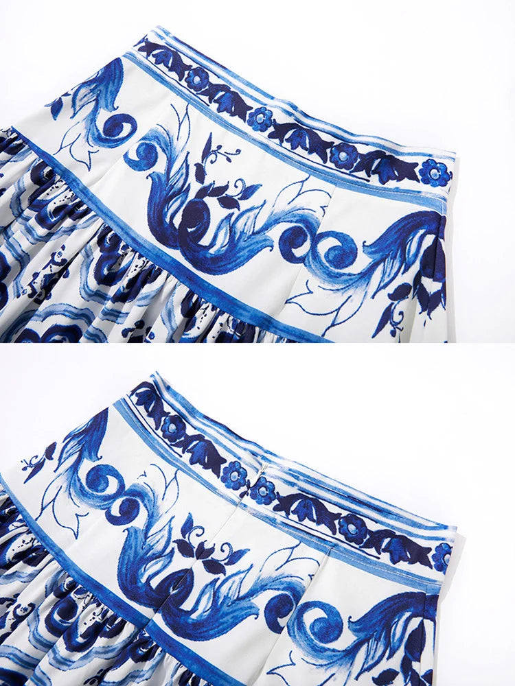 JAMERARY Summer Runway Blue And White Porcelain Two Piece Set Women Flower Print Short Crop Top + Holiday Beach Maxi Skirt Suits