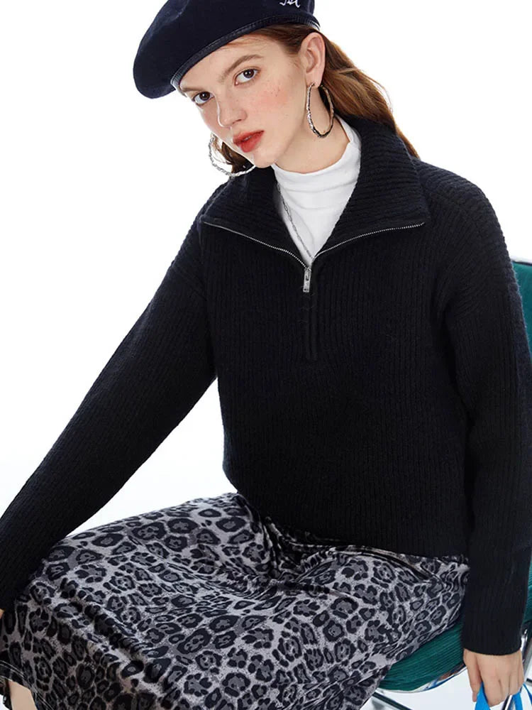 Women's Winter Sweaters Solid Grey Ladies Turtleneck Casual Loose Thick Zippers Pullovers Beautiful Oversized Sweater Women