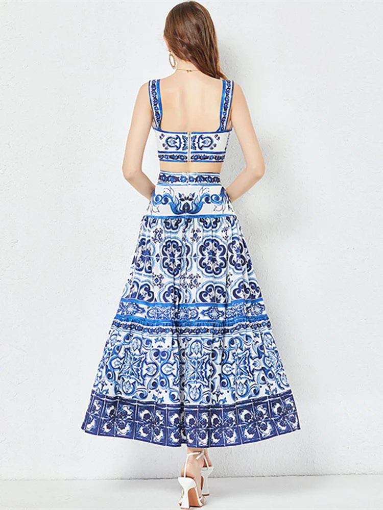 JAMERARY Summer Runway Blue And White Porcelain Two Piece Set Women Flower Print Short Crop Top + Holiday Beach Maxi Skirt Suits