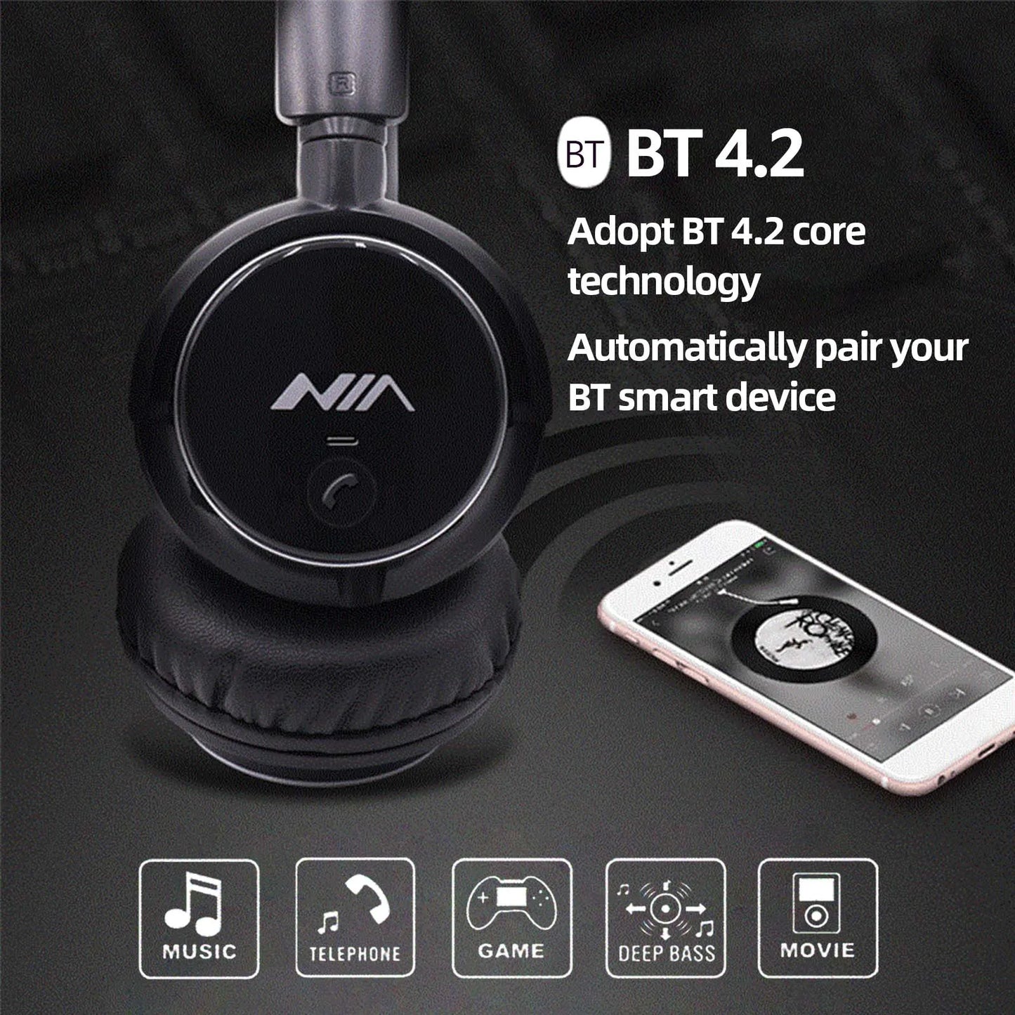 Bluetooth Headphone Wireless Stereo Music Headset Over-ear TF Card FM Radio Foldable Wired Earphone with Microphone APP Control