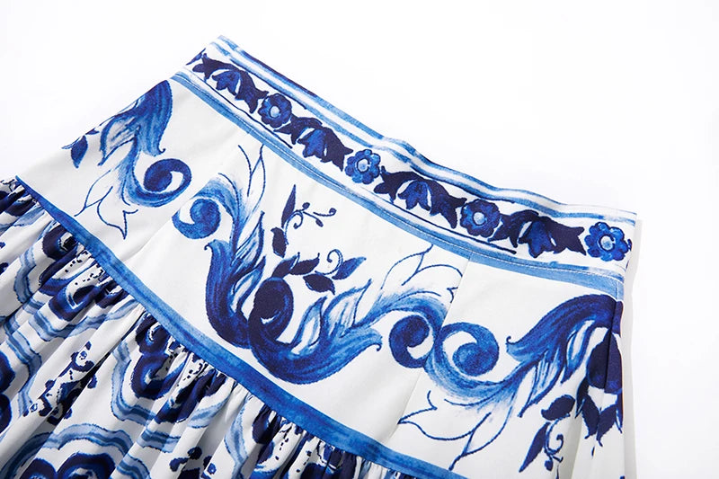 JAMERARY Summer Runway Blue And White Porcelain Two Piece Set Women Flower Print Short Crop Top + Holiday Beach Maxi Skirt Suits