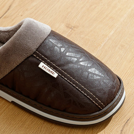 Men's Big Size Winter slippers Indoor PU Leather Home Waterproof Fluffy Casual Slides Men Bedroom Comfy Shoes Houseshoes