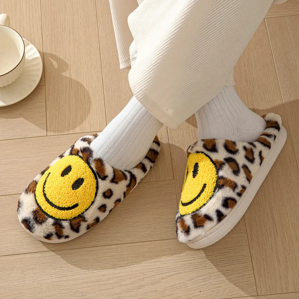 Leopard Fluffy Slippers for Home Smile Designer Platform Shoes Women 2024 Indoor Plush Sliders Warm Flats Chic Winter Footwear