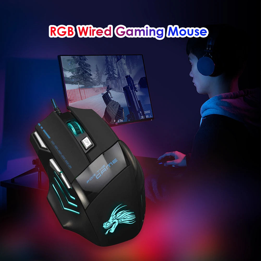 Wired Gaming Mouse 7-Color Backlight 5500 DPI Adjustable Black Wired Optical Computer Gaming Mice for PC Gamer Computer Desktop