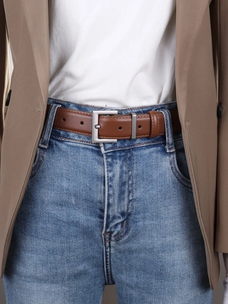 Luxury Genuine Leather Women Belt for Jeans and Dress Vintage Suede Cowhide Waistband Golden Square Buckle Ladies Trendy Belts