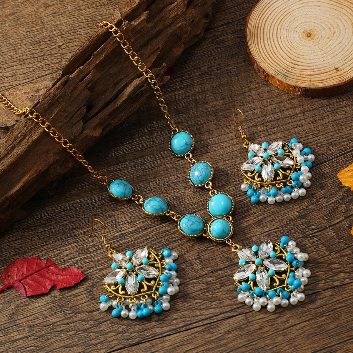 3pcsTurquoise five flower set luxury retro necklace earrings jewelry set niche high sense female jewelry set.