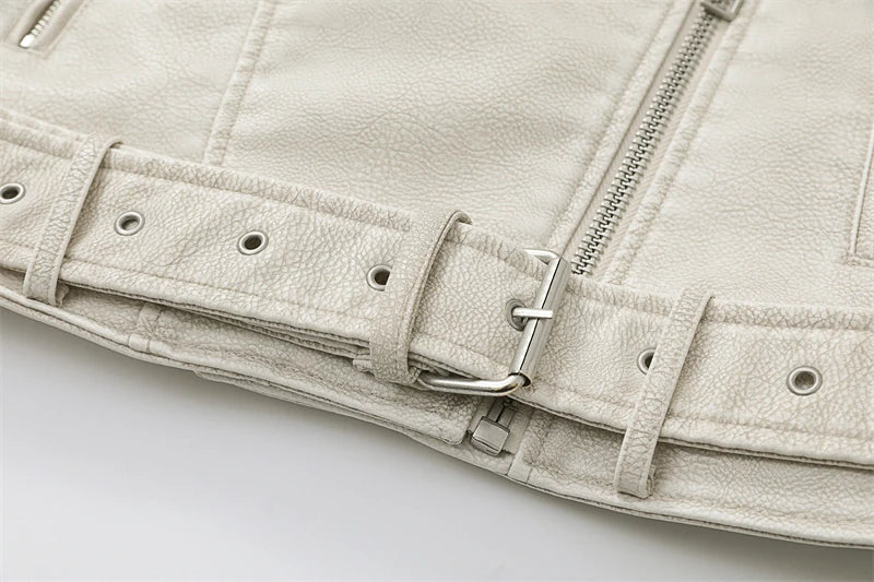 ZVRI 2024 Women Vintage Loose Pu Faux Leather Short Jacket with Belt Streetwear Female Zipper Retro Moto Biker Coat Outwear Tops