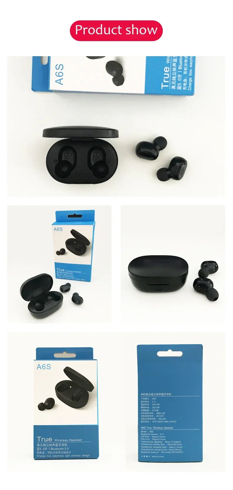 A6S TWS Bluetooth Wireless Headphones Wireless Earbuds 5.0 TWS Earphone Noise Cancelling Mic for Xiaomi iPhone Huawei Samsung