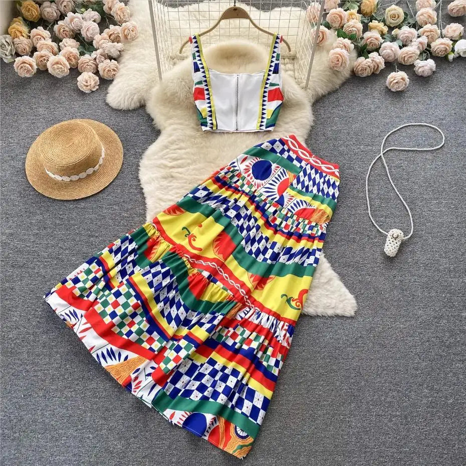JAMERARY Summer Runway Blue And White Porcelain Two Piece Set Women Flower Print Short Crop Top + Holiday Beach Maxi Skirt Suits