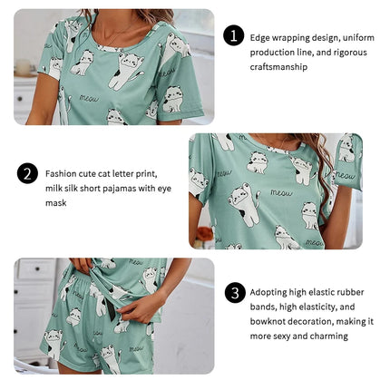 Women Pajamas Sets Short Sleeve Nightwear Top and Pants Sleepwear 2 Piece Pjs Loungewear Cartoon Print Pyjamas Set Nightwear