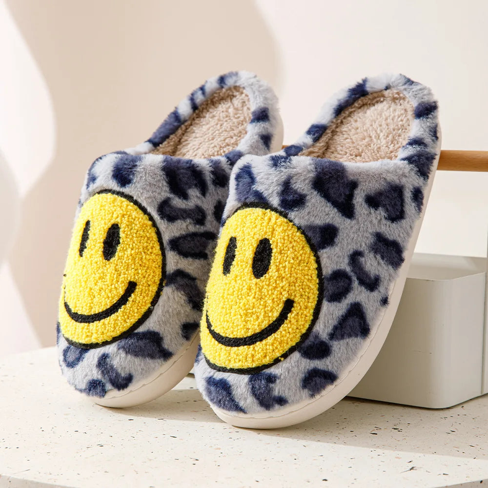 Leopard Fluffy Slippers for Home Smile Designer Platform Shoes Women 2024 Indoor Plush Sliders Warm Flats Chic Winter Footwear