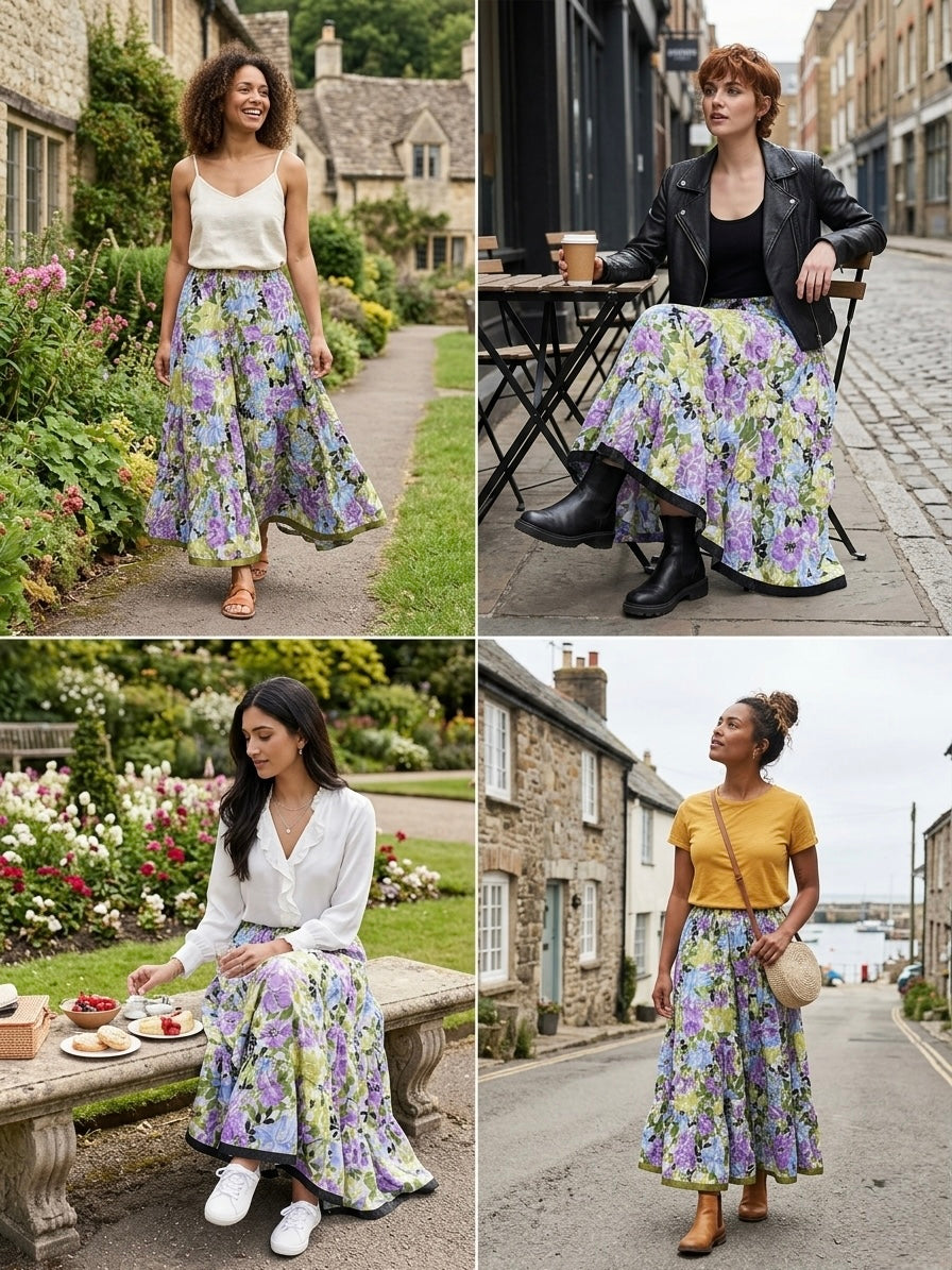 Blackfever Women's Purple & Green Floral Tiered Maxi Skirt - 100% Cotton